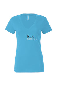 Kind Coffee Cooperative™ - Women's V-Neck T-Shirt (Blue) tshirts Apliiq 
